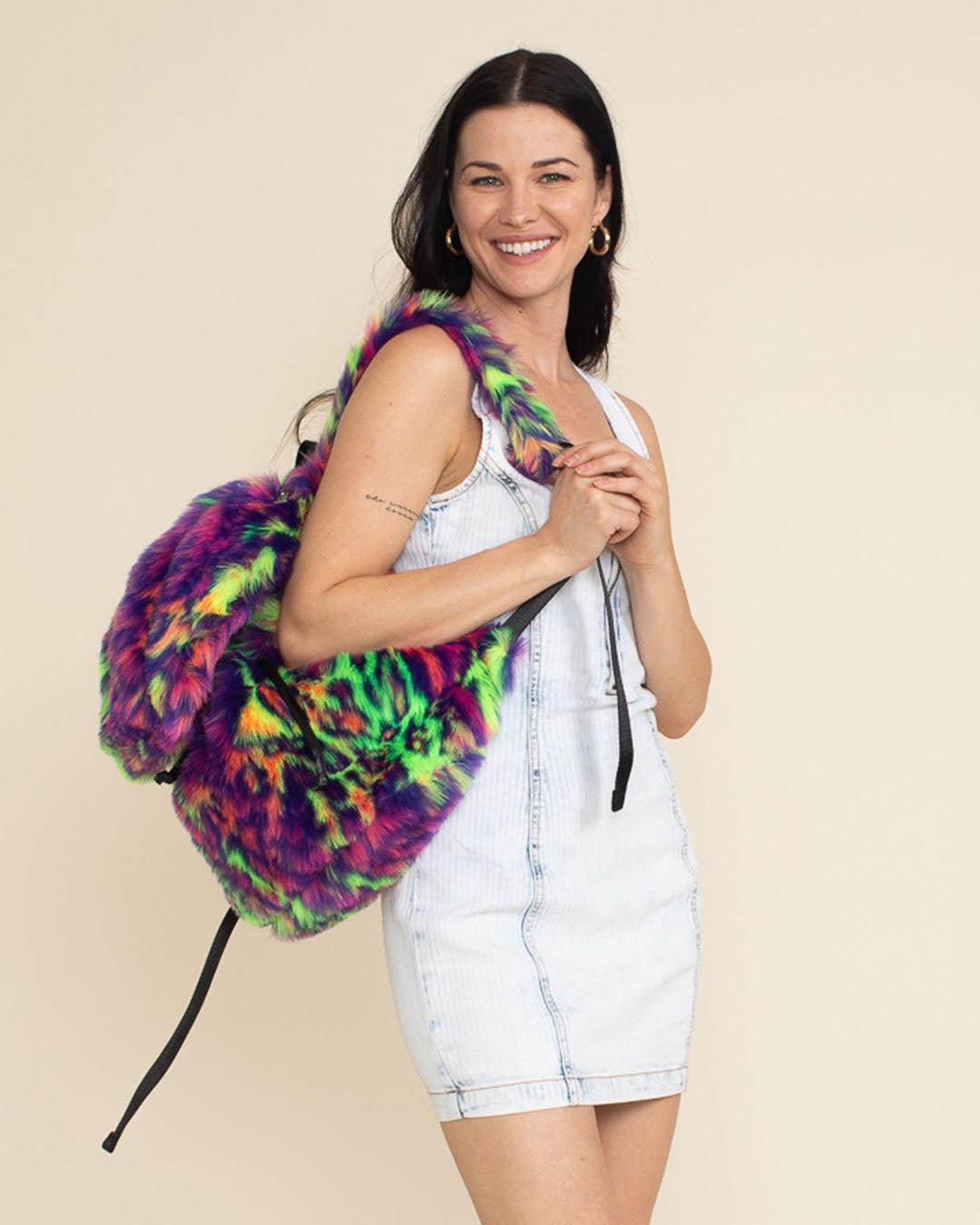 Neon Disco Kitty Faux Fur Backpack Stylish Functional SpiritHoods