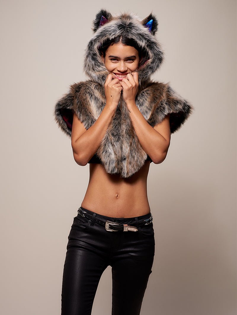 Hooded Faux Fur Shawl with Limited Edition Grey Wolf Galaxy Design