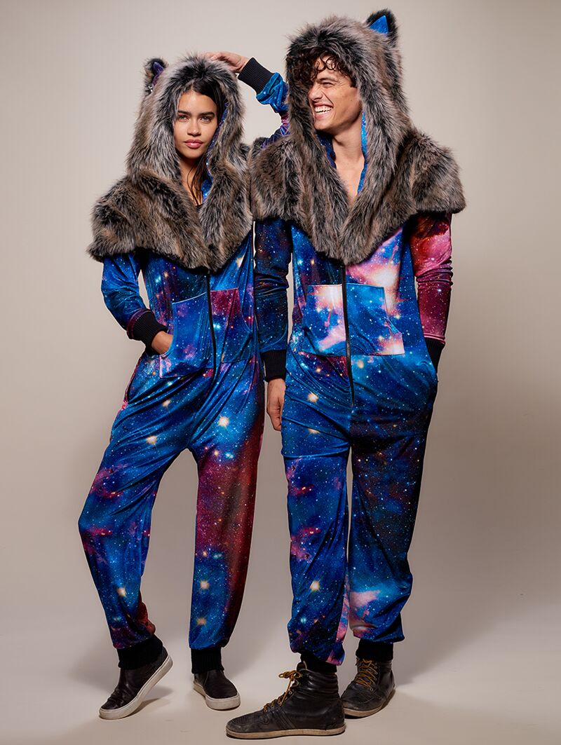 People wearing faux fur Grey Wolf Galaxy Onesie SpiritHoods