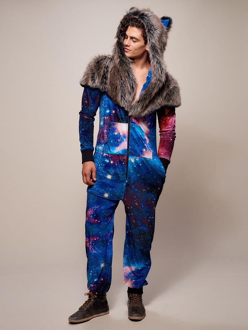 Man wearing faux fur Grey Wolf Galaxy Onesie SpiritHood, front view