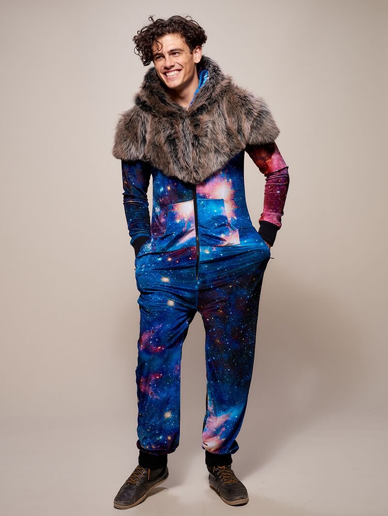 Man wearing faux fur Grey Wolf Galaxy Onesie SpiritHood, front view 1