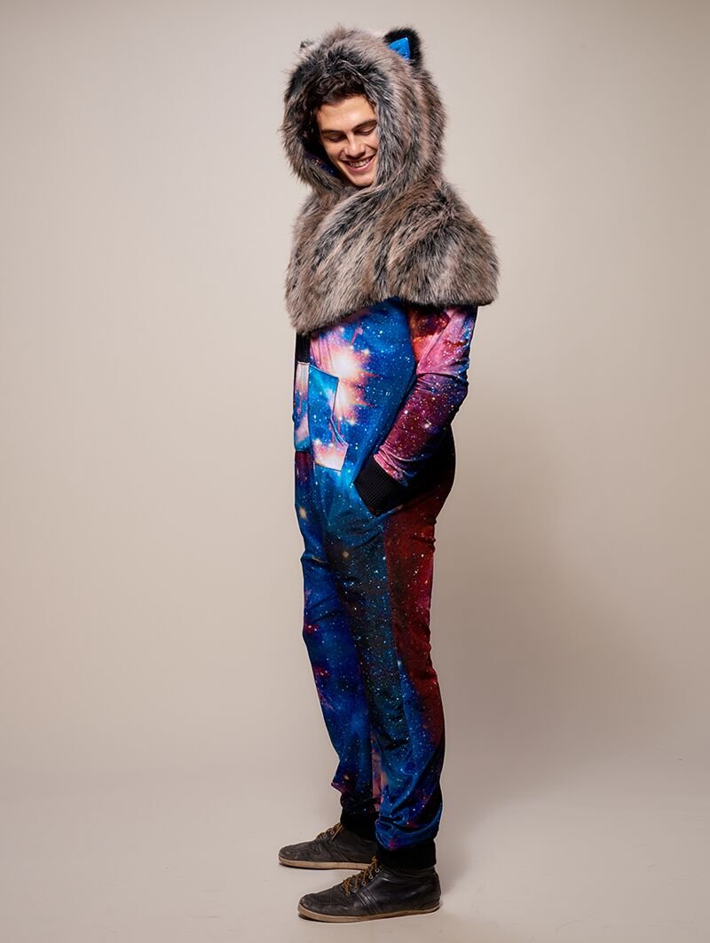 Man wearing faux fur Grey Wolf Galaxy Onesie SpiritHood