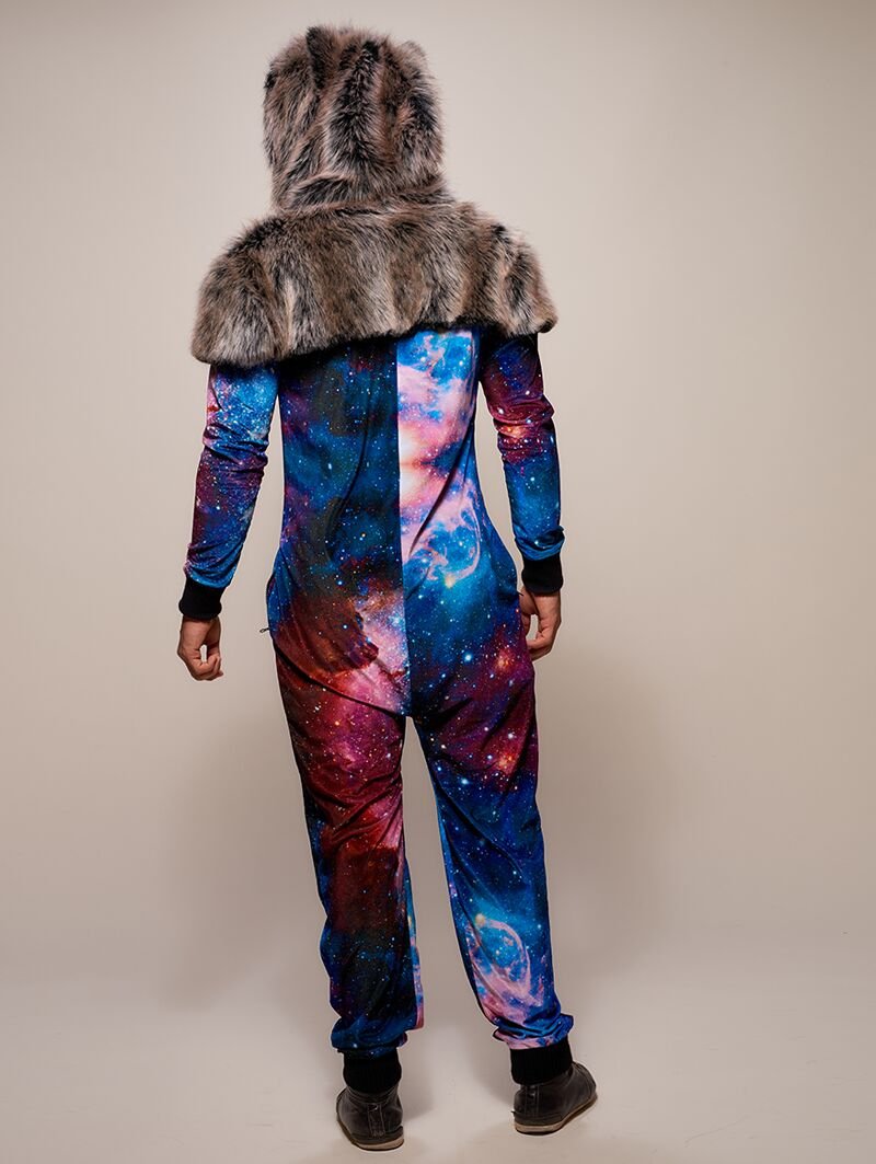 Man wearing faux fur Grey Wolf Galaxy Onesie SpiritHood, back view