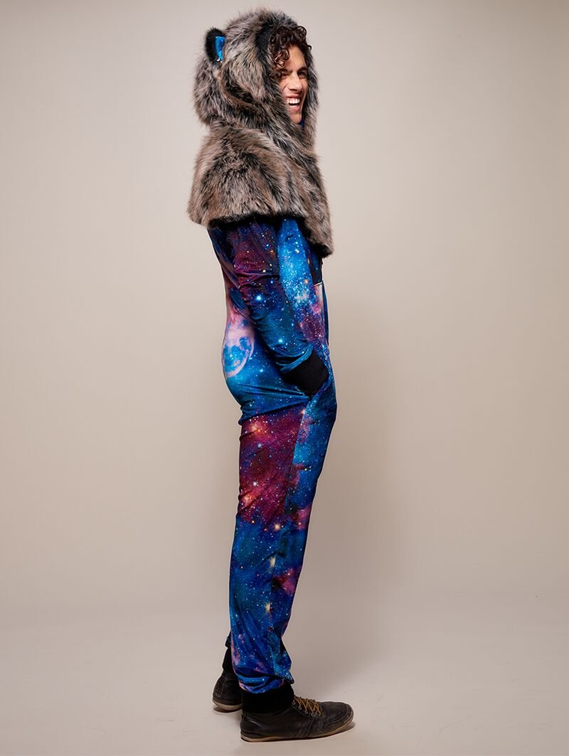 Man wearing faux fur Grey Wolf Galaxy Onesie SpiritHood, side view