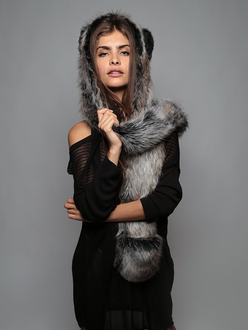 Grey Wolf Faux Fur with Hood Wrapped on Woman Like Shawl