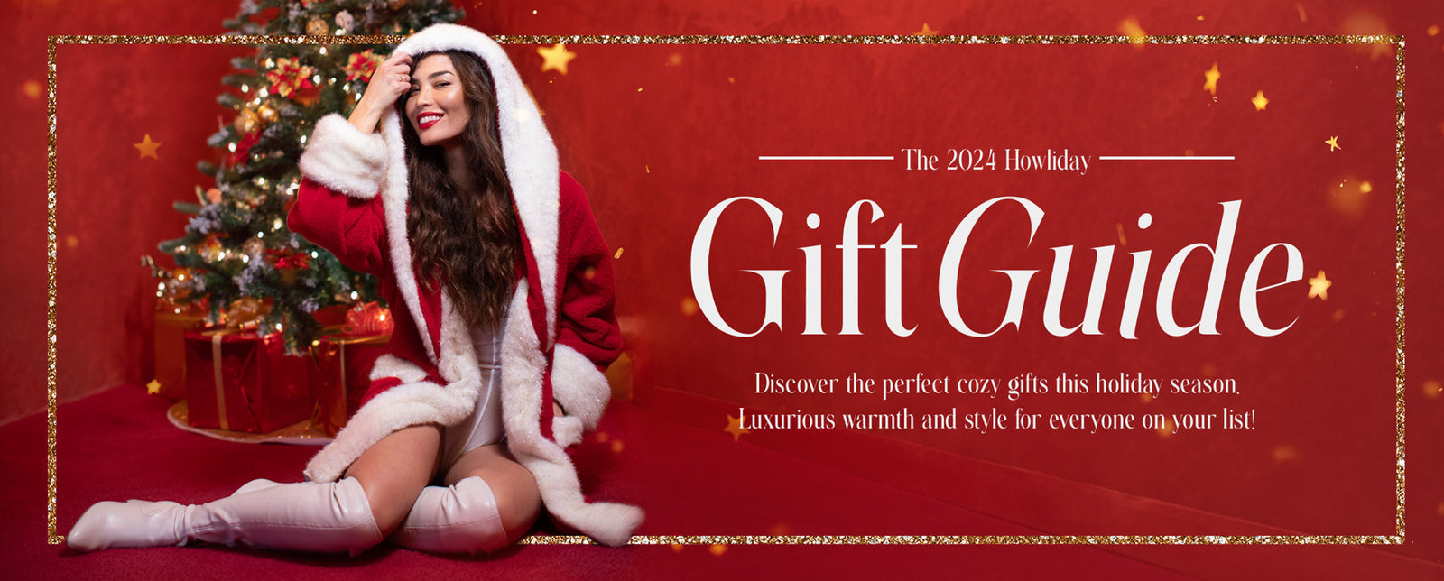 Woman reclining wearing a red and white faux fur Santa-style robe. Text says 2024 Holiday Gift Guide.