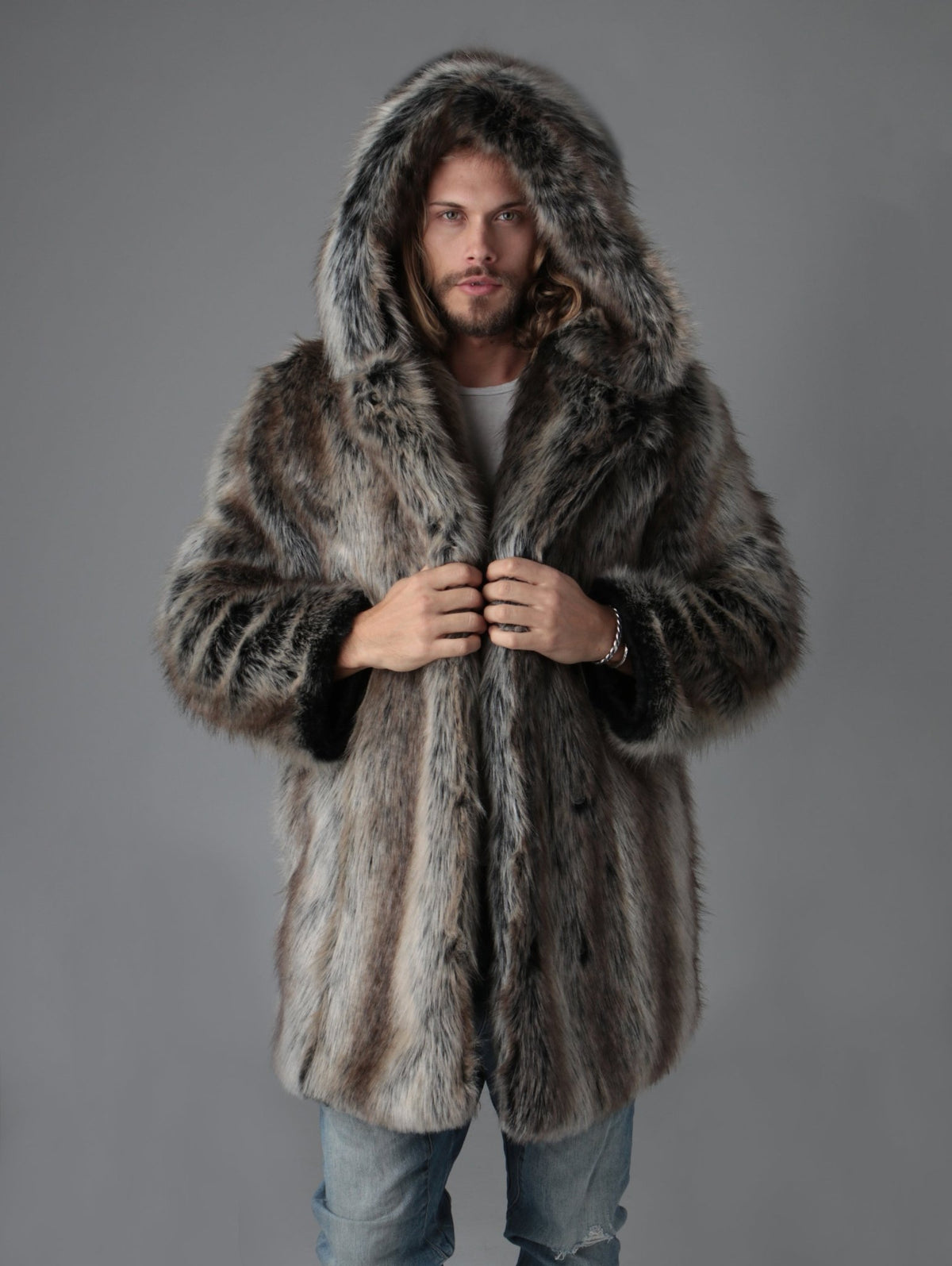 Men s Faux Fur Coat With Hood Grey Wolf SpiritHoods