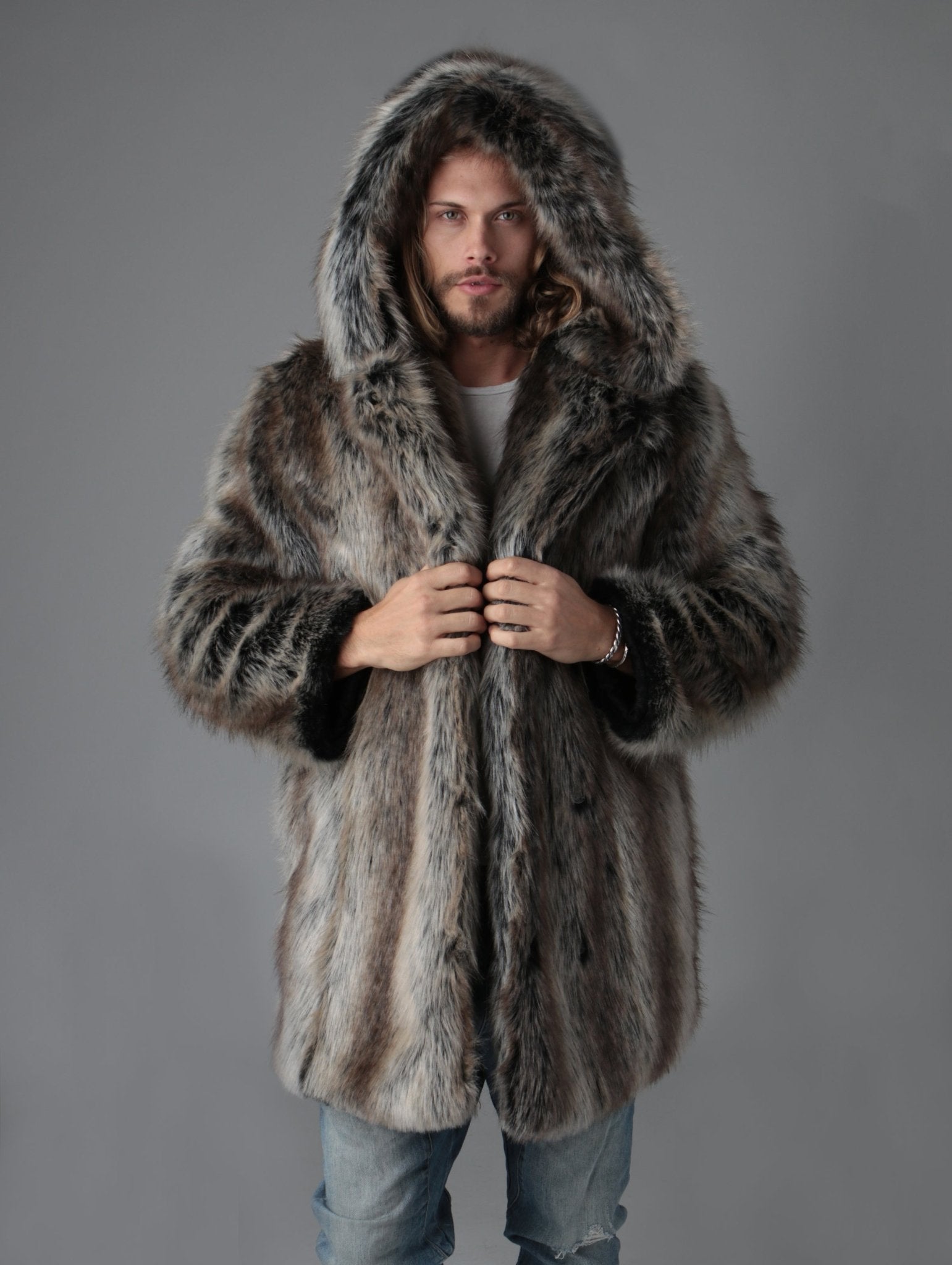 Grey coat with black fur hood best sale