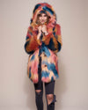 Hooded Faux Fur Coat with American Swallow Design