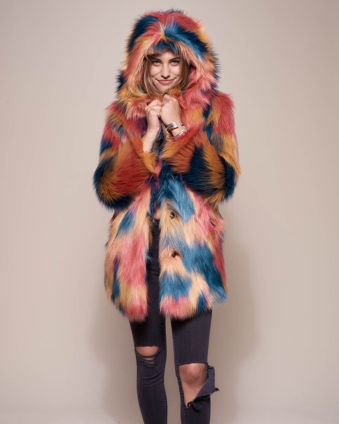 Hooded Faux Fur Coat with American Swallow Design