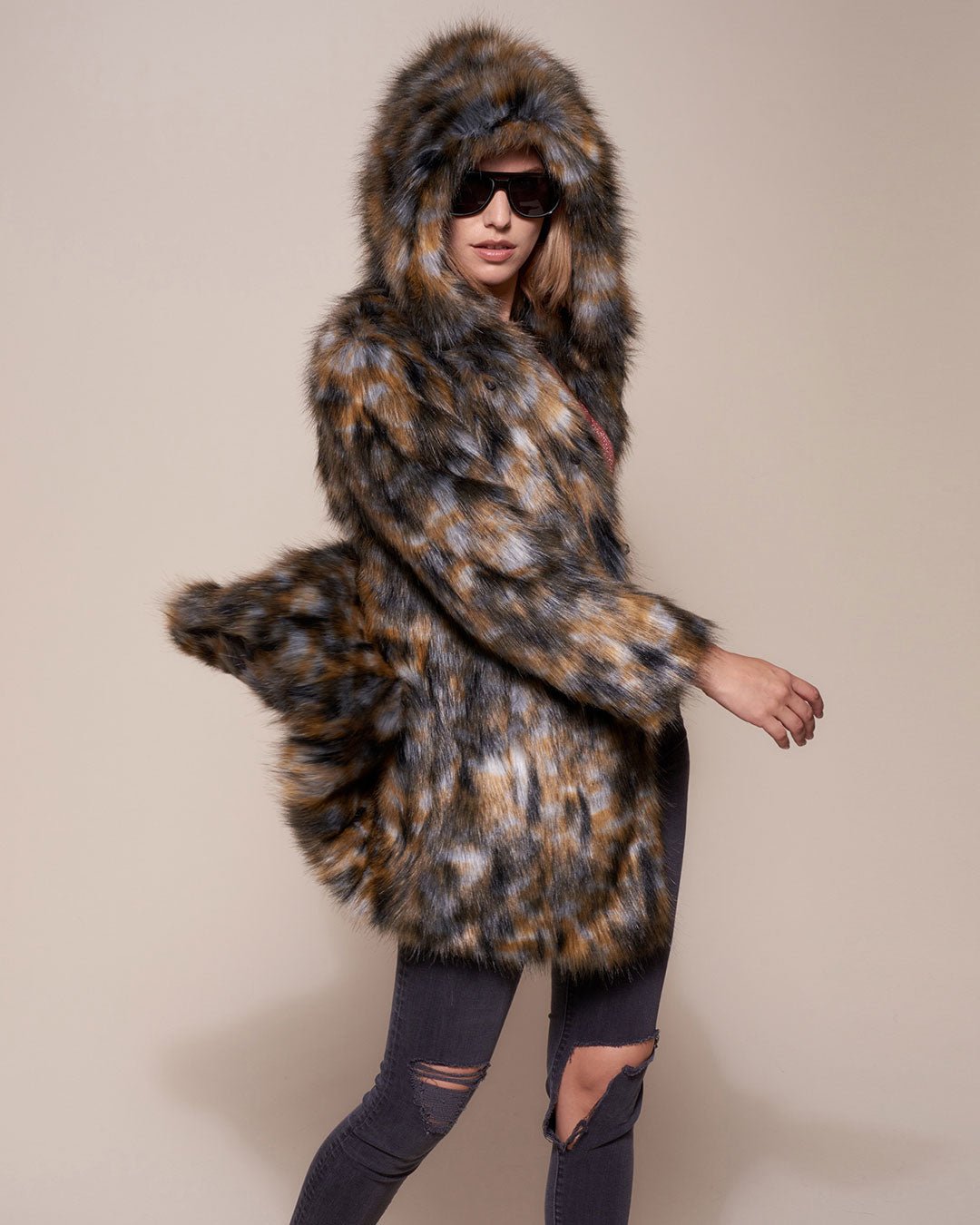 Brindle Wolf Hooded Faux Fur Coat 