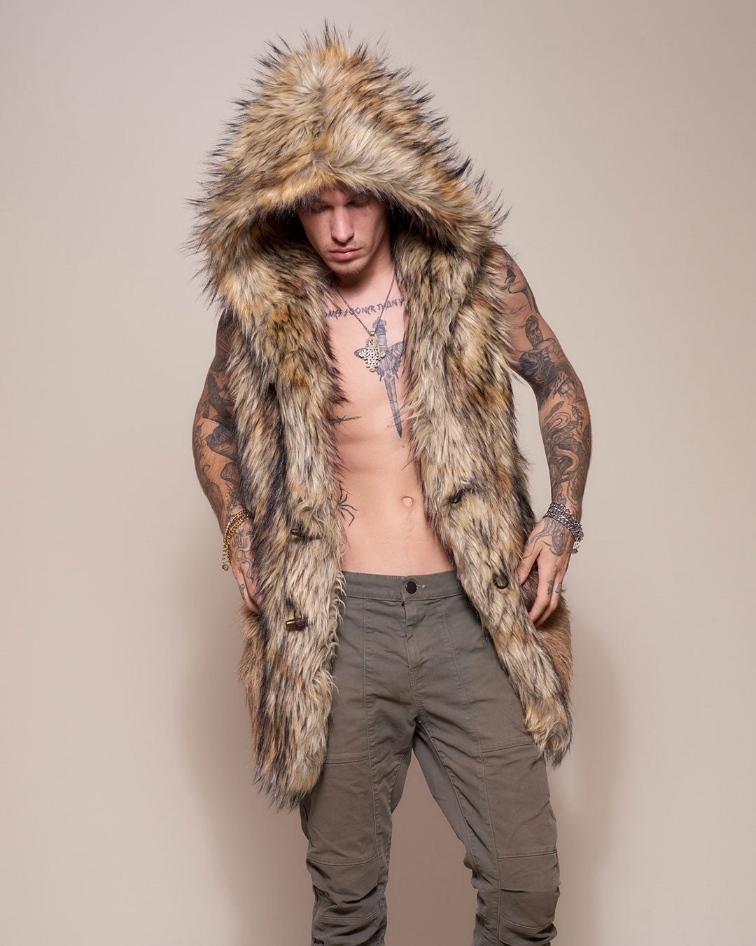 Man wearing Golden Jackal Faux Fur Vest