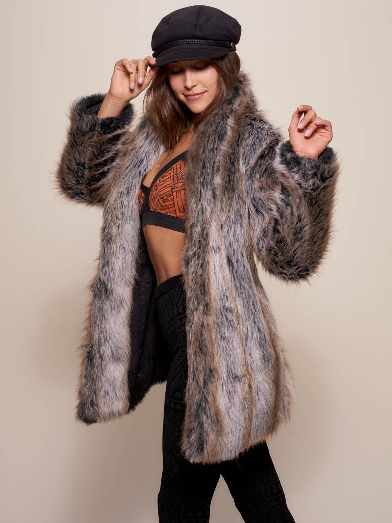 Grey Wolf Faux Fur Coat on Female Model