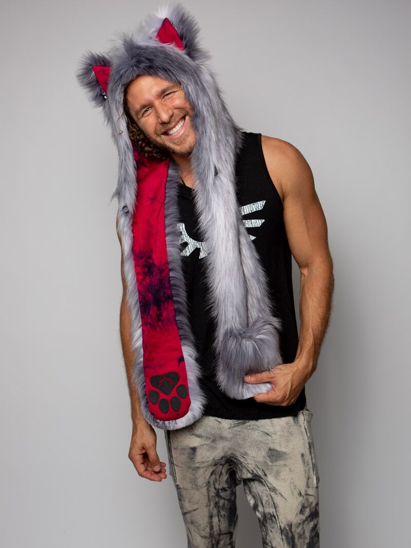 Man wearing faux fur CE Grey Fox SpiritHood, front view