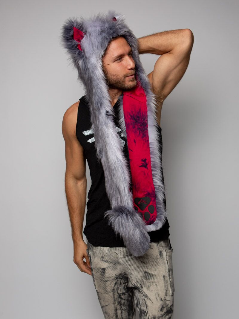 Man wearing faux fur CE Grey Fox SpiritHood, side view