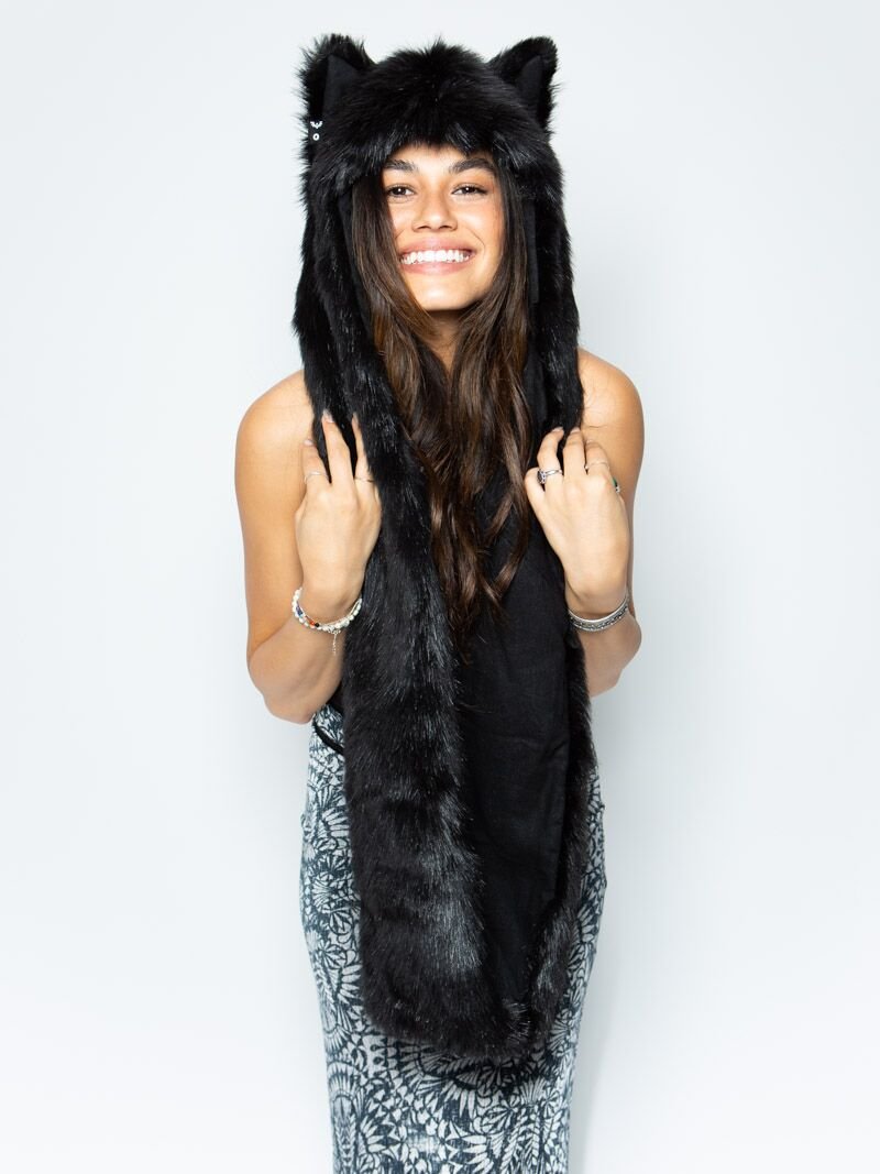 Black Wolf Infinity Hooded Faux Fur Scarf