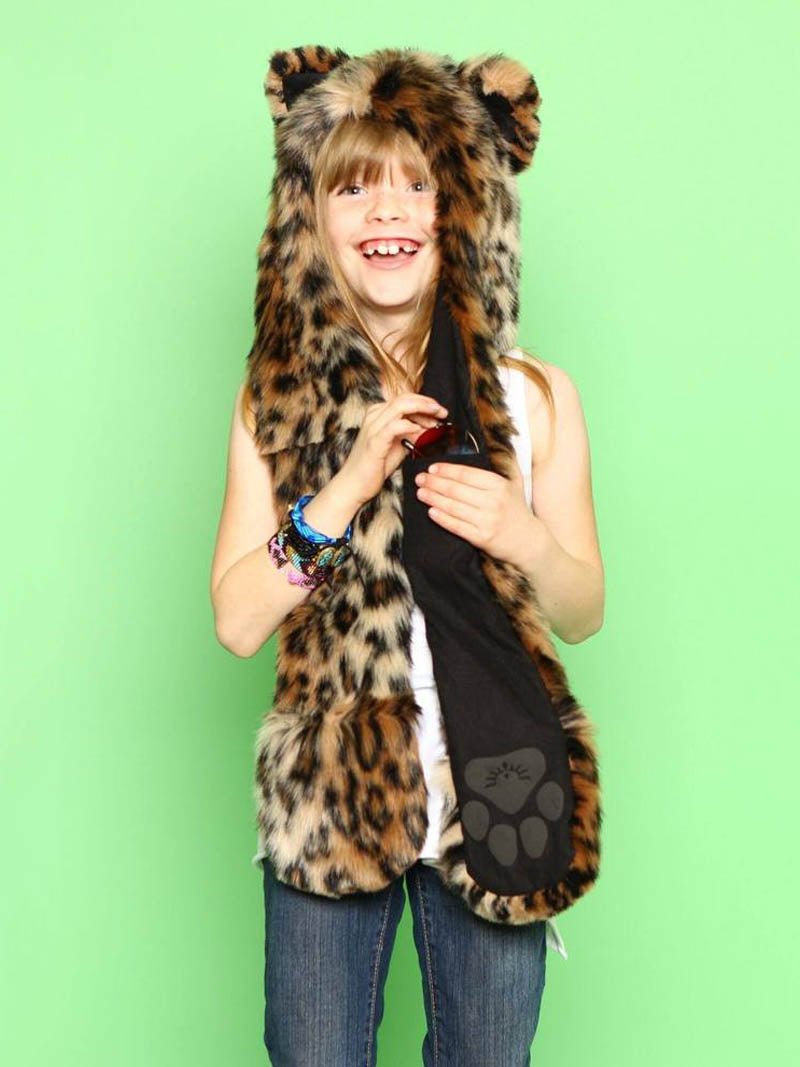 Smiling Girl Wearing Kids Leopard Faux Fur SpiritHood