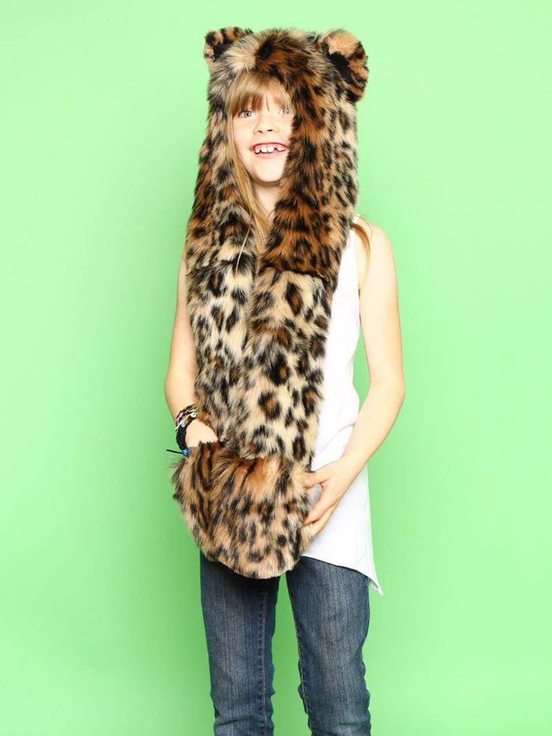 Girl Wearing Kids Faux Fur SpiritHood featuring Leopard Design