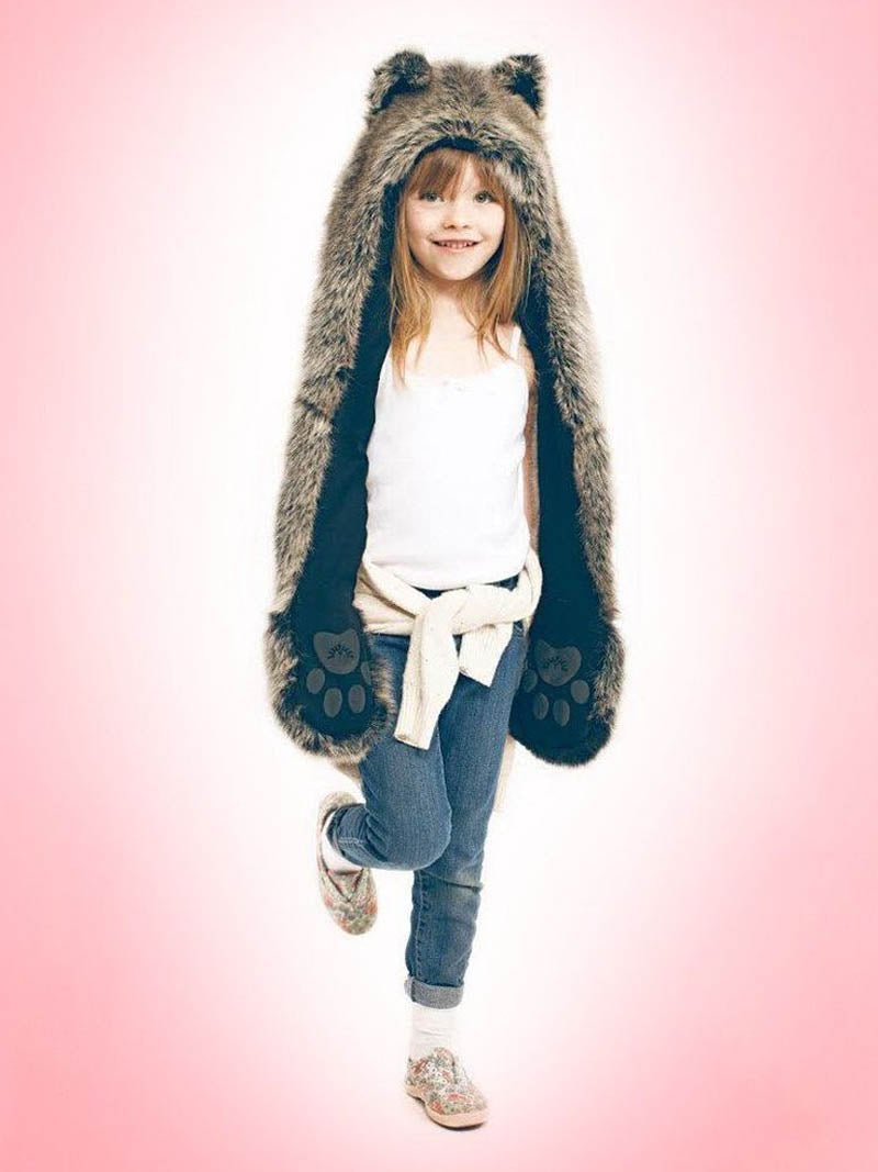 Kids Grey Wolf Faux Fur SpiritHood on Girl