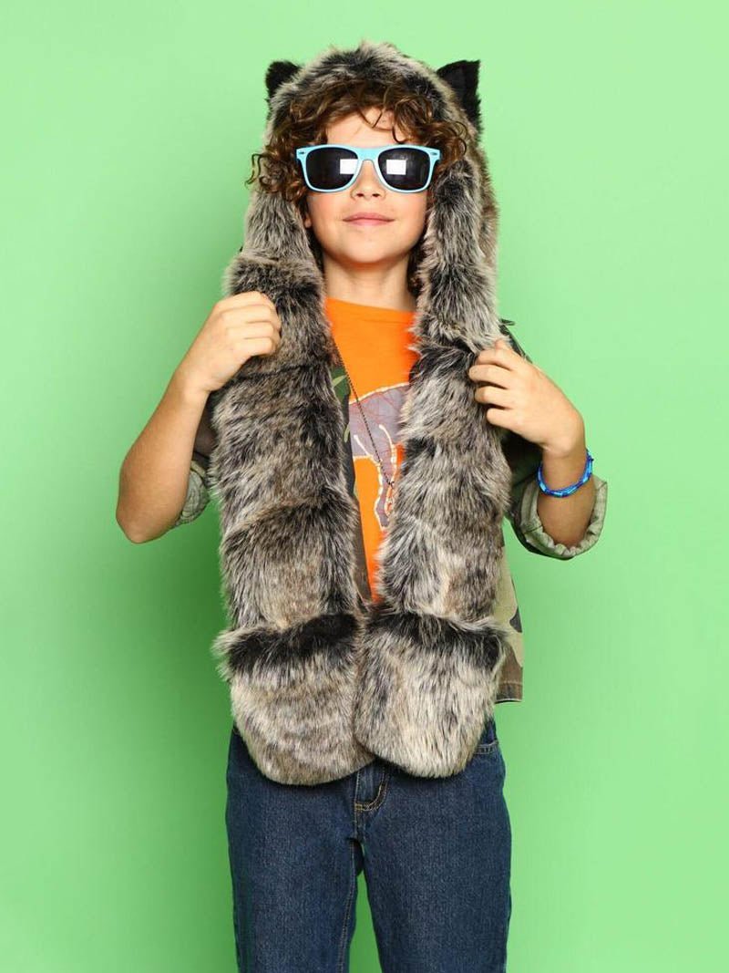 Kids Grey Wolf Faux Fur SpiritHood on Girl