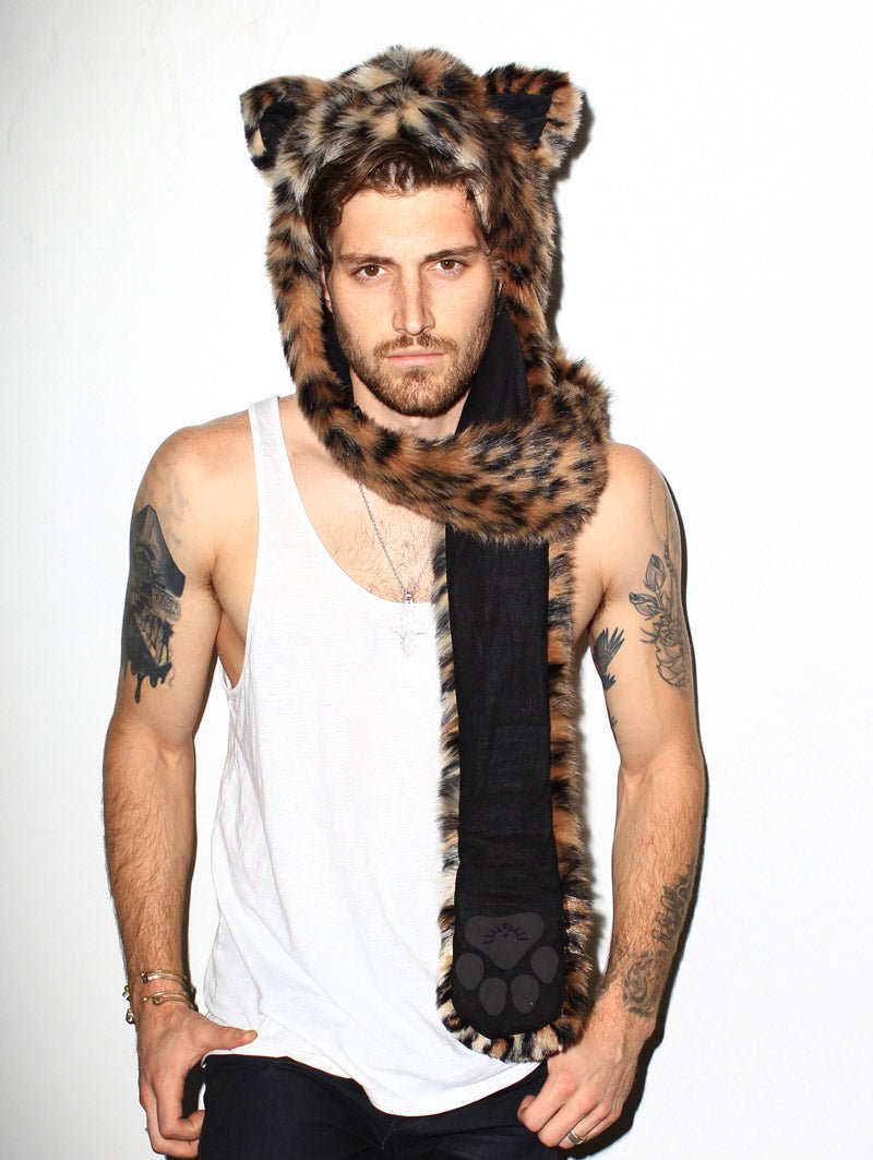 Man wearing Leopard Faux Fur SpiritHood, front view 5