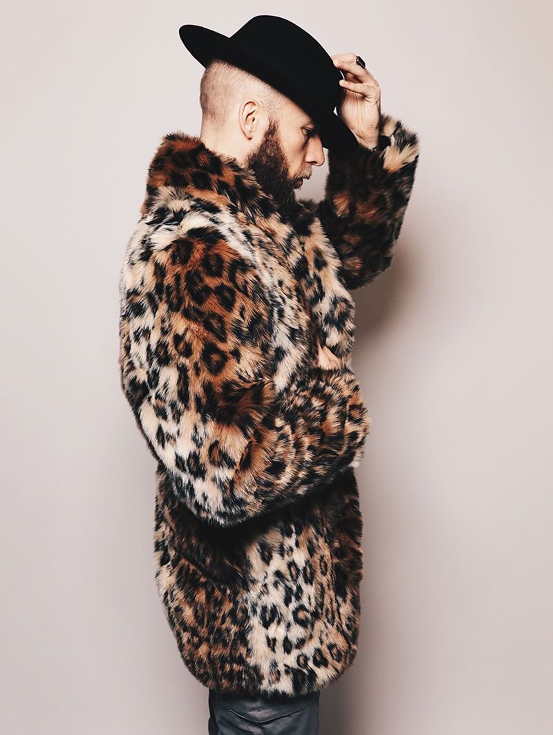 Man wearing Leopard Collared Faux Fur Coat, side view 2