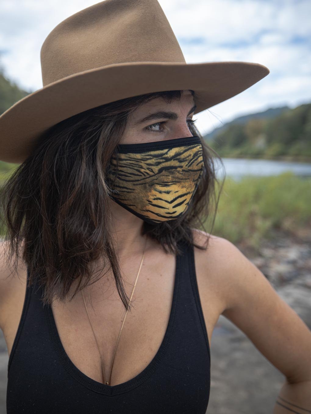 Orange and Black Tiger Copper-Threaded Face Mask on Female