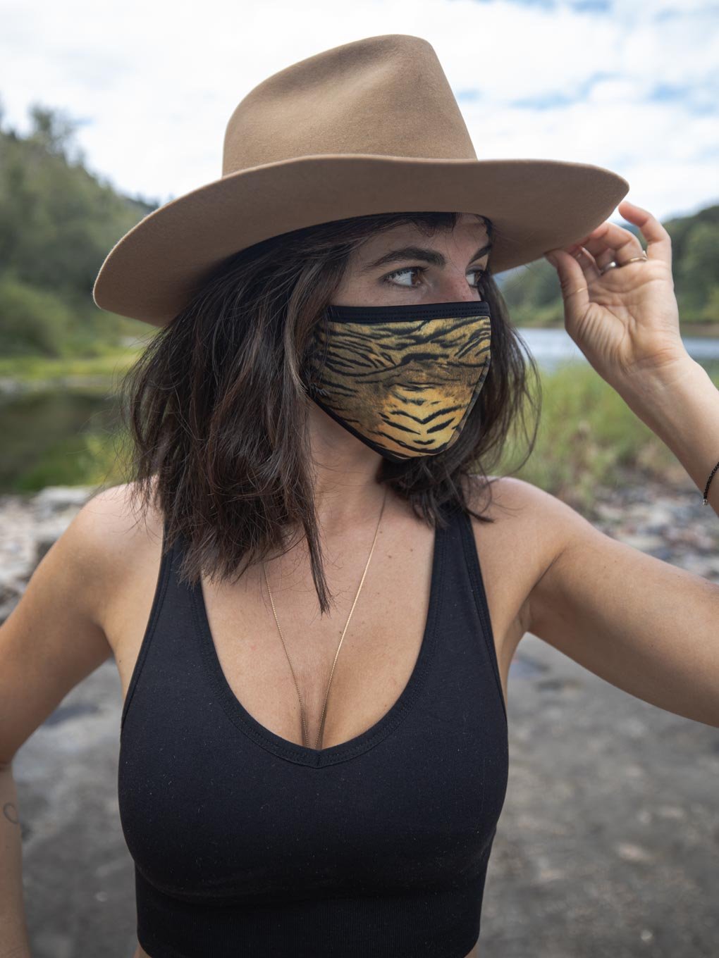 Female Wearing Tiger Copper-Threaded Face Mask