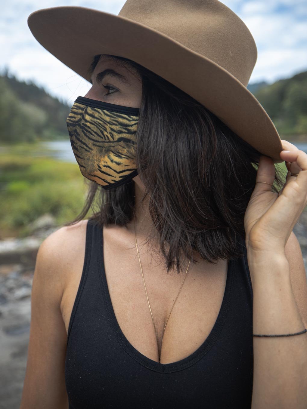 Tiger Copper-Threaded Face Mask on Female Model