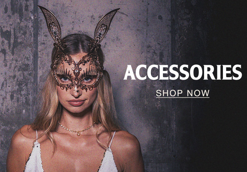 Blonde woman wearing a metallic rose gold bunny mask 