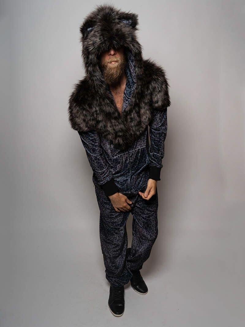 Man wearing Black Panther Faux Fur Velvet Onesie, front view 5