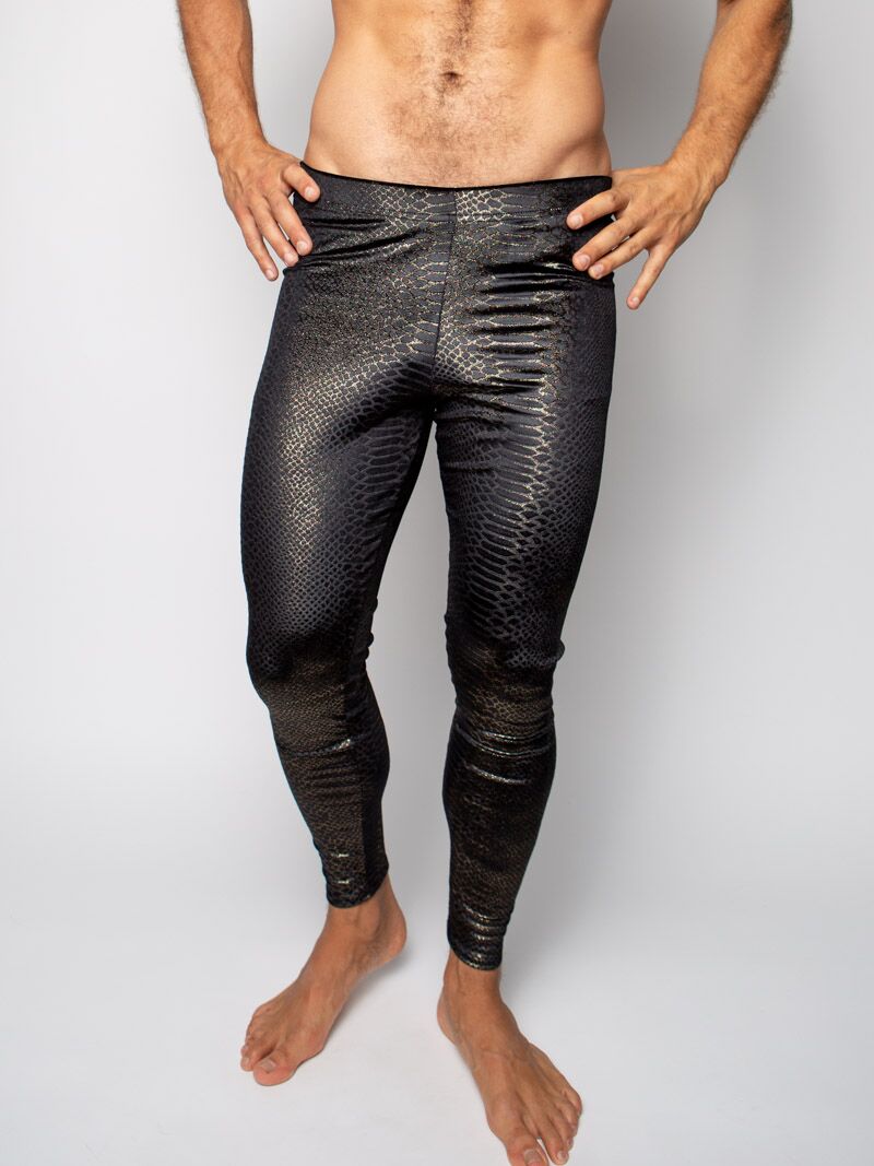 Man wearing Snakeskin Black Velvet Leggings, front view 3