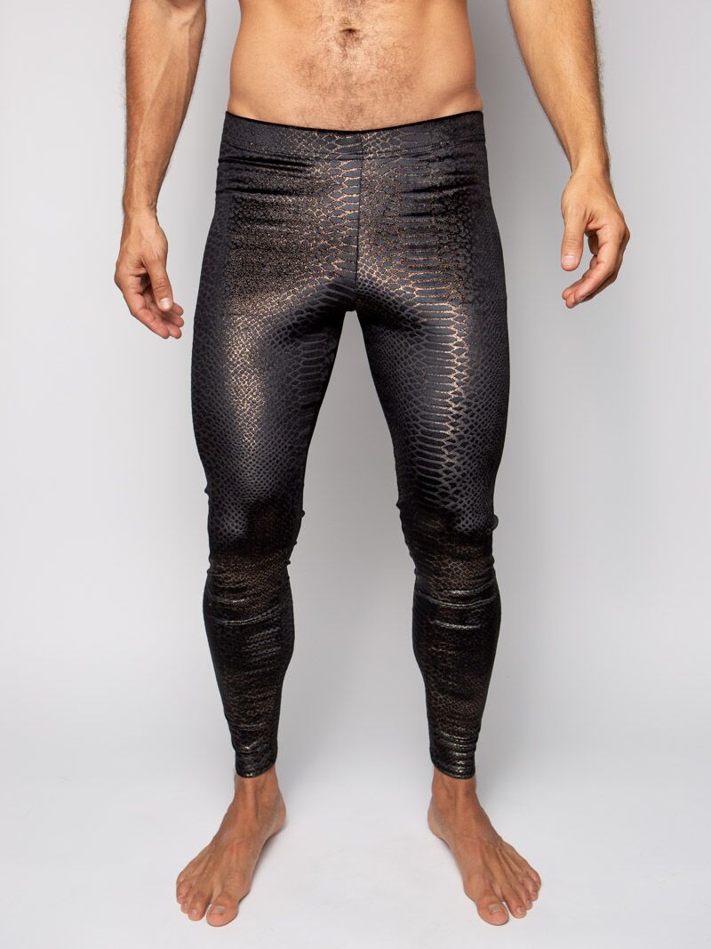 Man wearing Snakeskin Black Velvet Leggings, front view 1