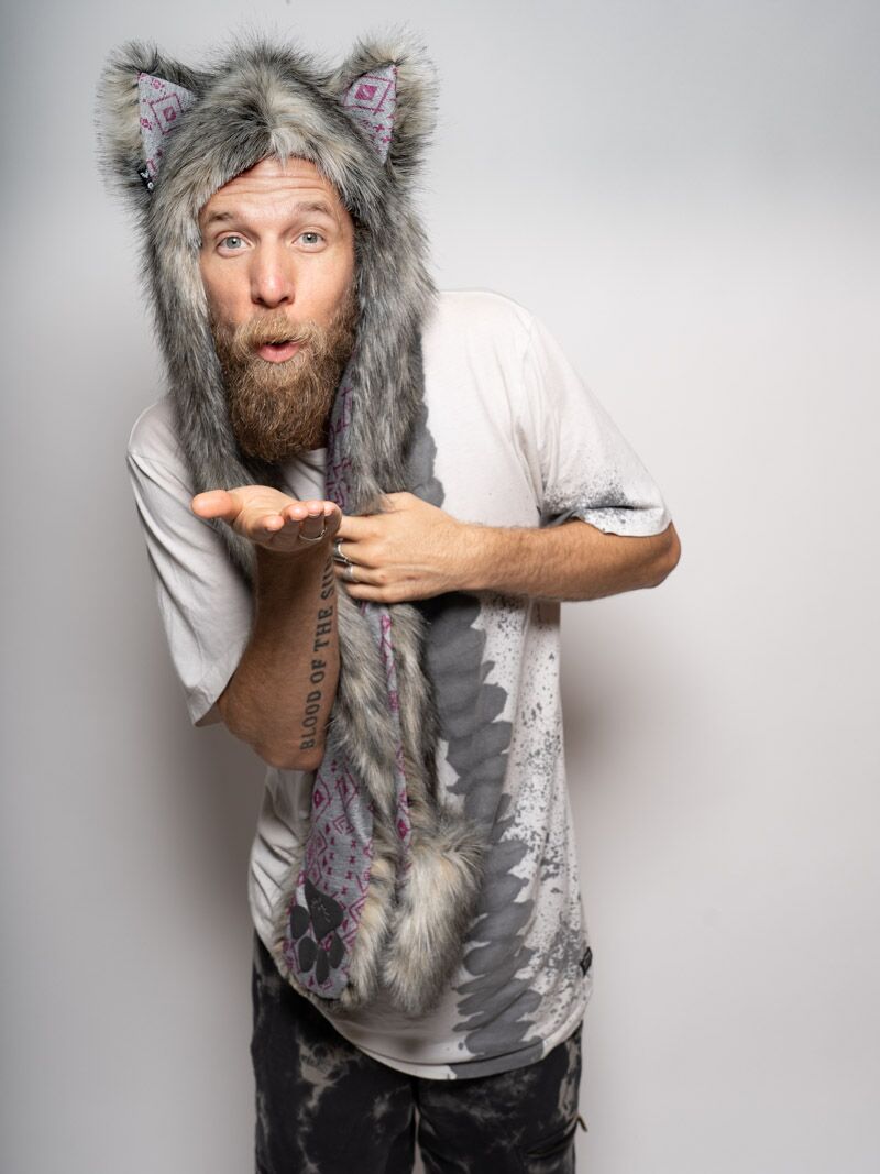 Man wearing faux fur Collector Edition Eurasian Wolf SpiritHood, front view 6