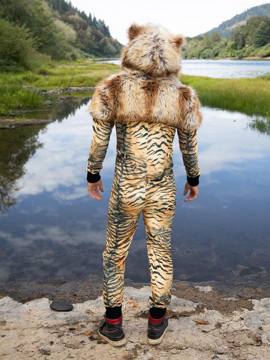 Man wearing Liger Velvet Classic Faux Fur Animal Onesie, back view