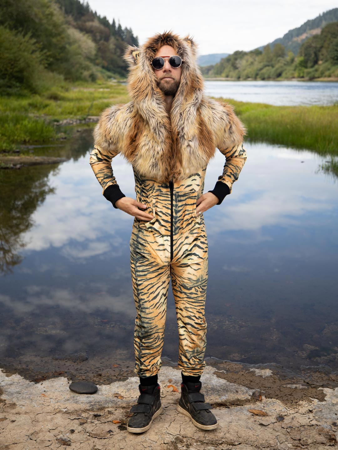 Man wearing Liger Velvet Classic Faux Fur Animal Onesie, front view 1