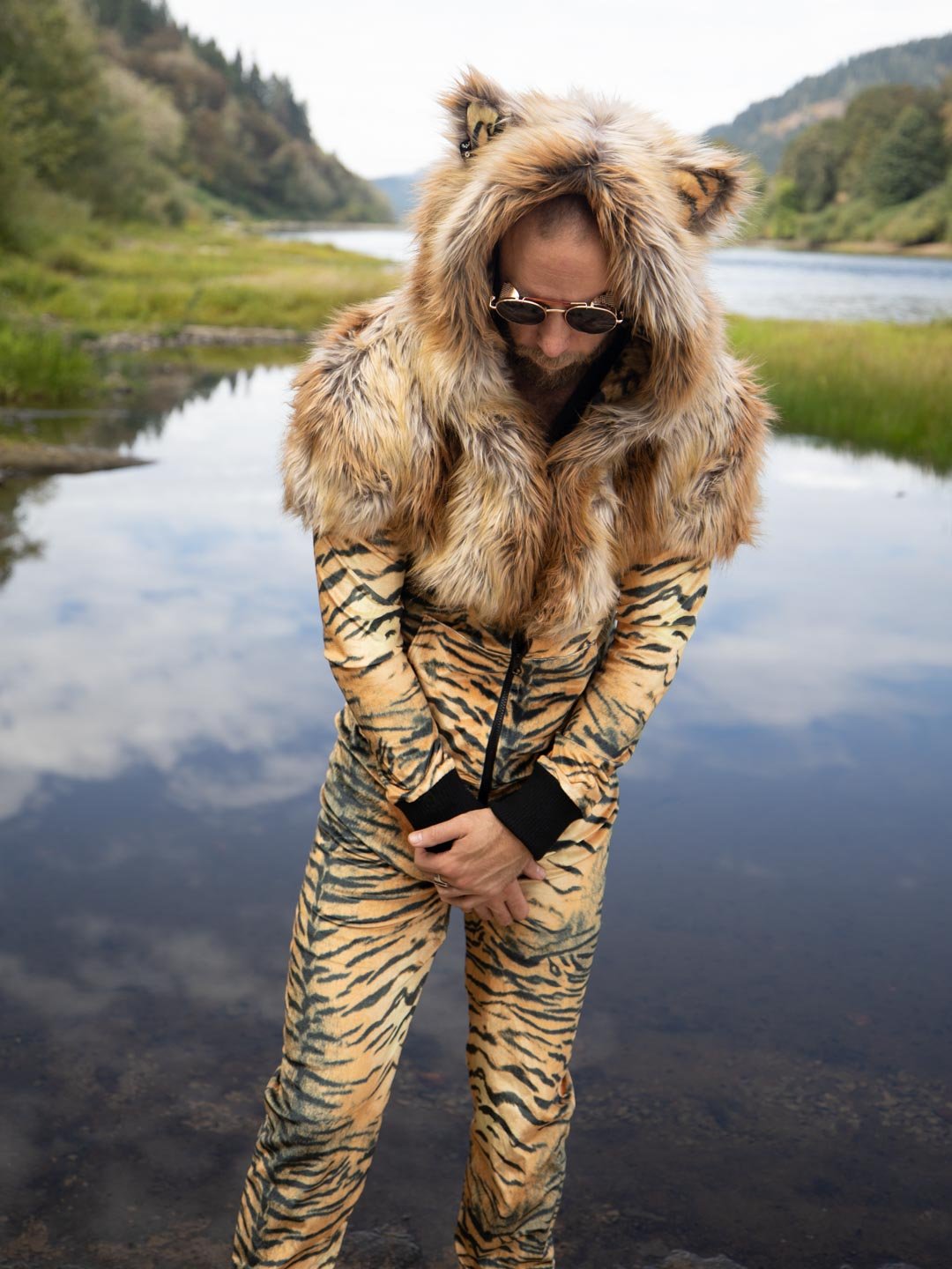 Man wearing Liger Velvet Classic Faux Fur Animal Onesie, front view 4