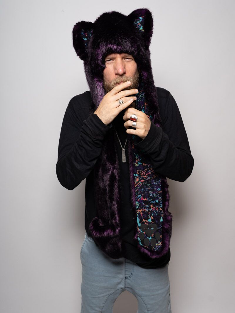 Man wearing faux fur Collector Edition Midnight Wolf SpiritHood, front view 4