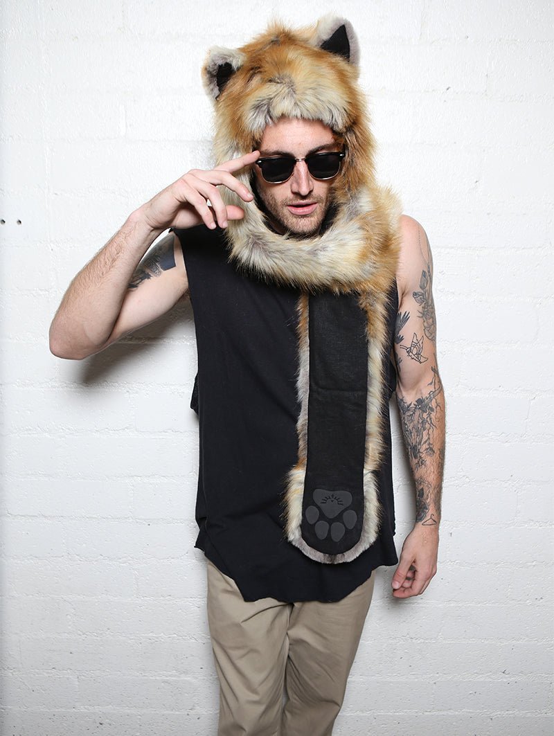 Man wearing Red Fox Faux Fur Hood, front view