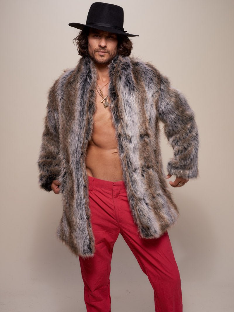 Man wearing Grey Wolf Faux Fur Coat, front view 2