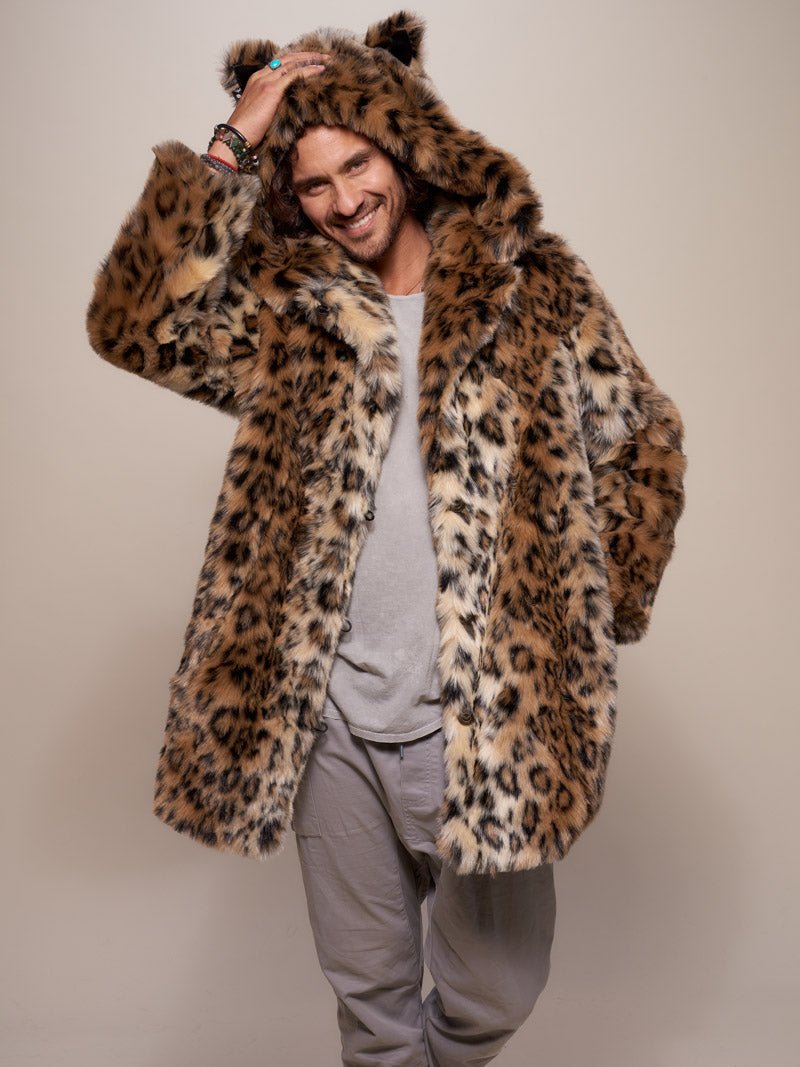 SpiritHoods Luxe Faux Fur Mens Coat With Hood Ears Classic Leopard