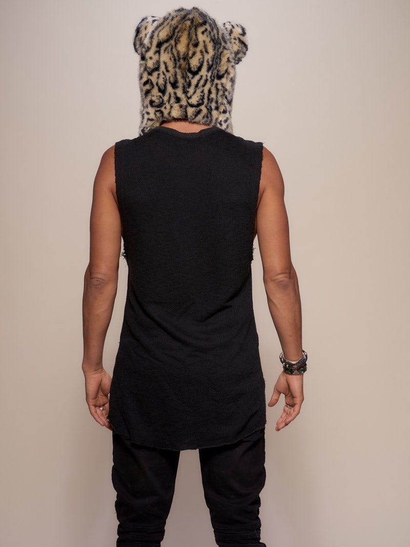 Man wearing faux fur Ocelot Luxe Collector Edition SpiritHood, back view