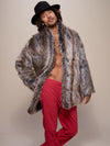 Man wearing Grey Wolf Faux Fur Coat, front view 3