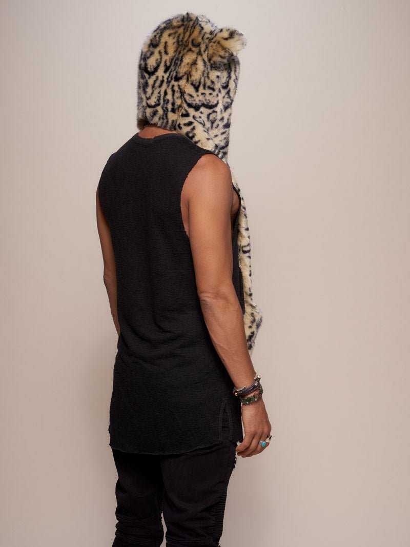 Man wearing faux fur Ocelot Luxe Collector Edition SpiritHood, side view 1