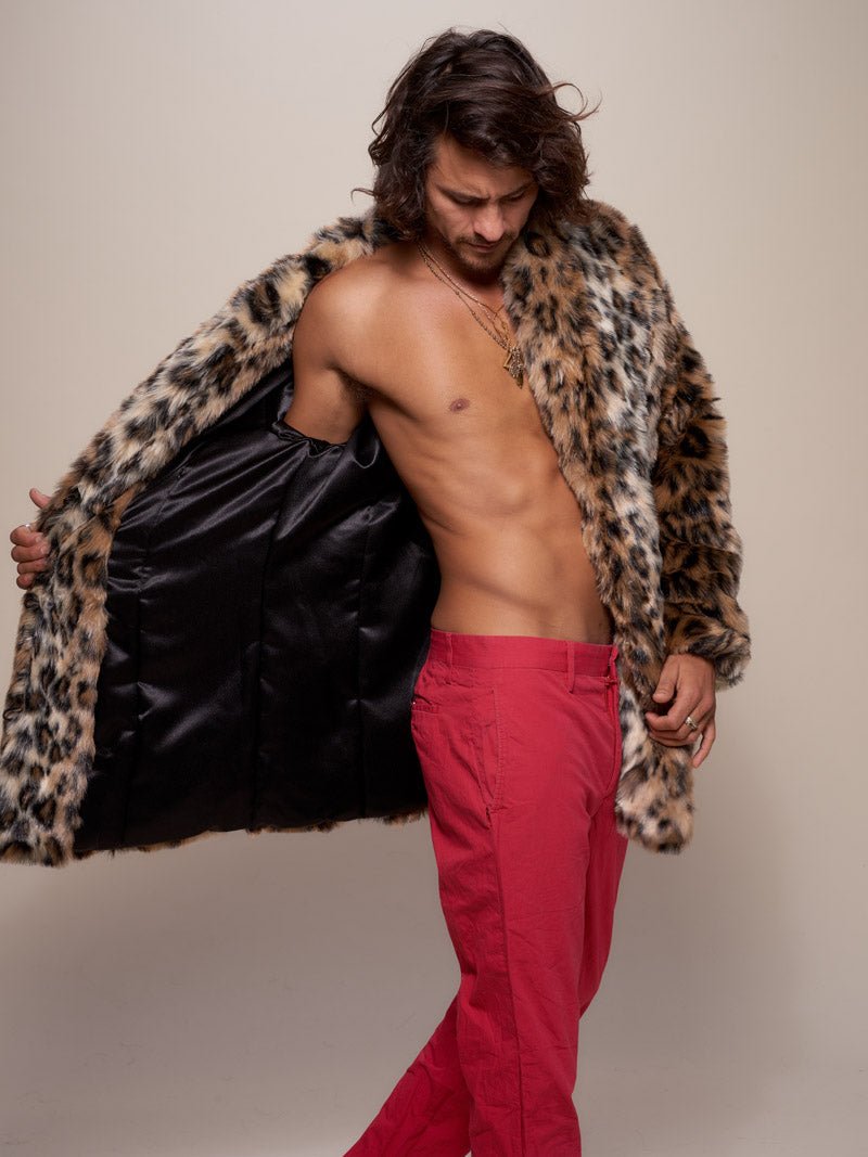 Man wearing Leopard Collared Faux Fur Coat, side view 3