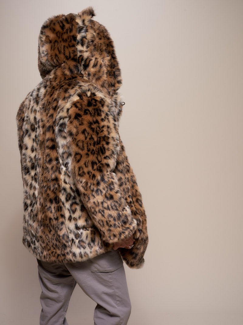 Man wearing Classic Leopard Faux Fur Coat, side view