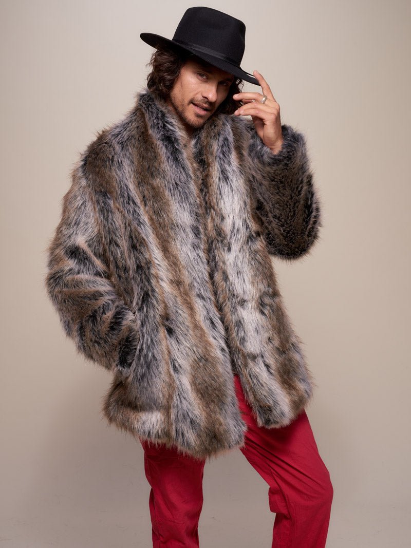 Man wearing Grey Wolf Faux Fur Coat, side view 1