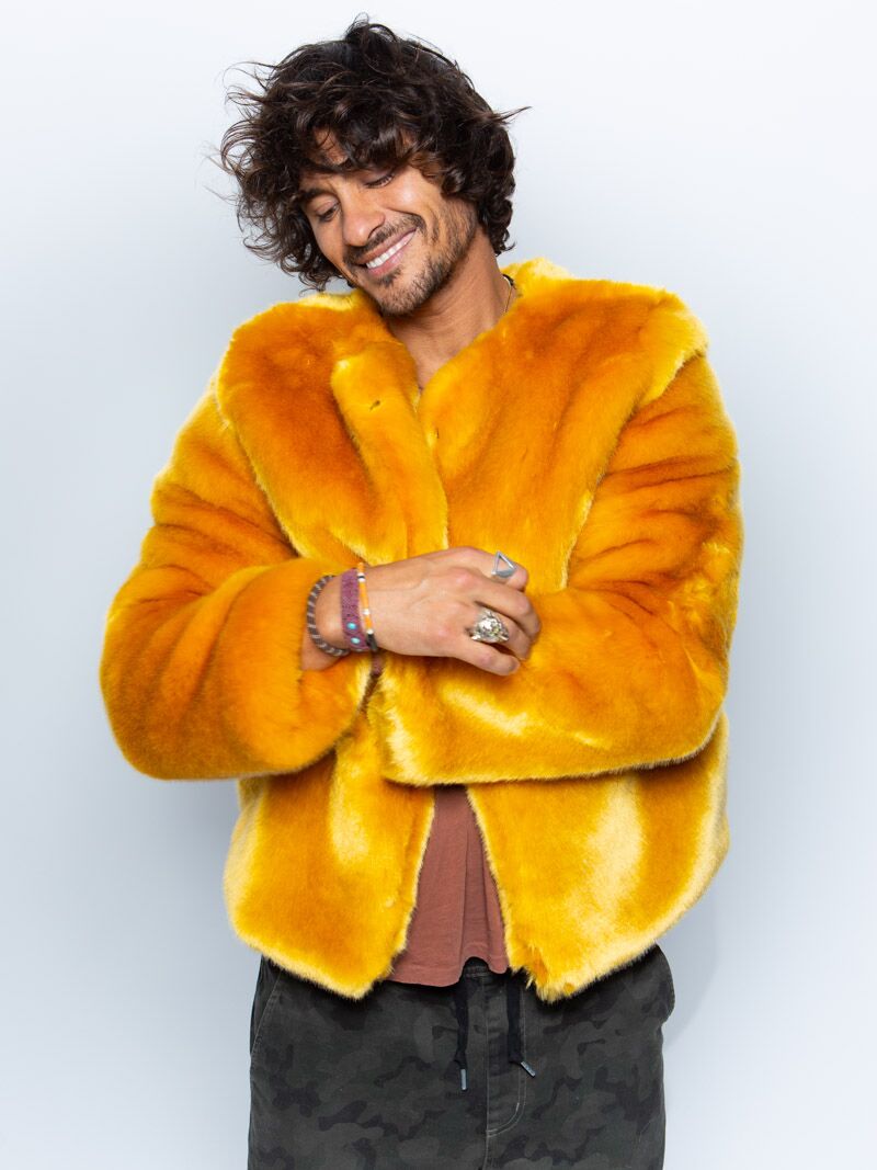 Man wearing SpiritHood Golden Wolf Faux Fur Bomber, front view 1