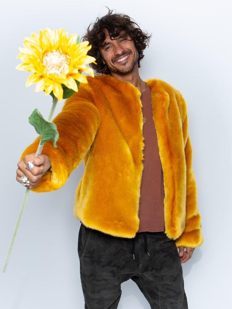 Man wearing SpiritHood Golden Wolf Faux Fur Bomber