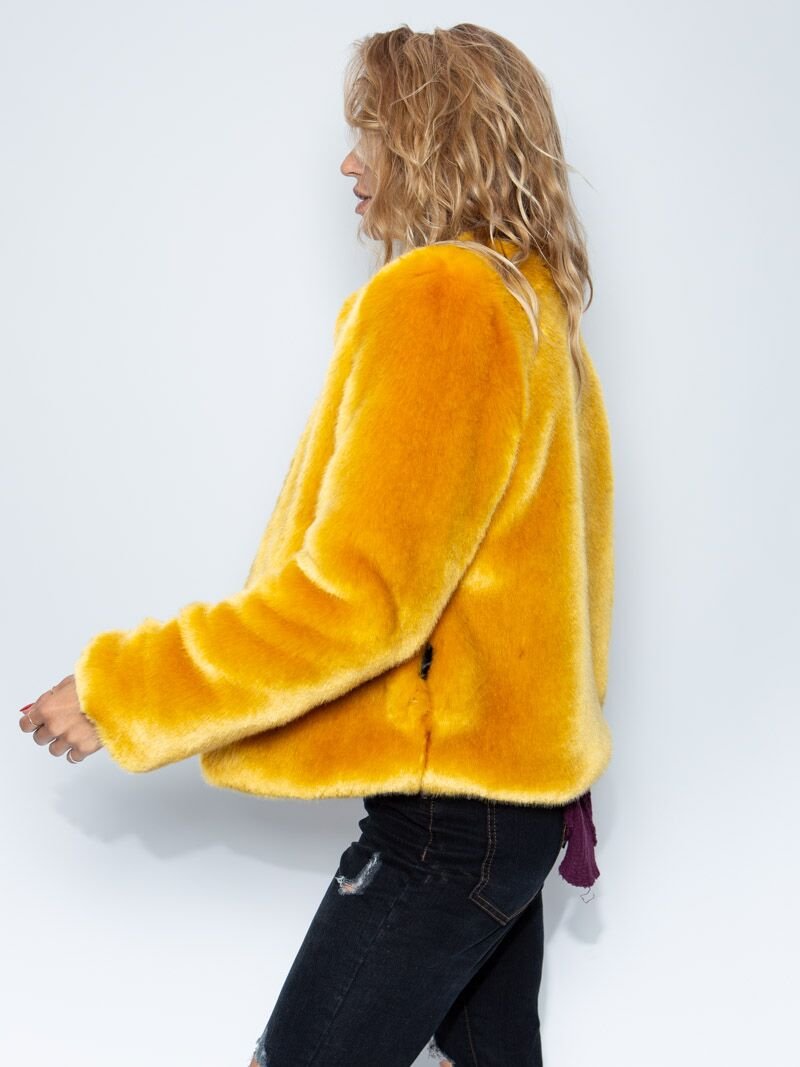 SpiritHood Golden Wolf Faux Fur Bomber on Female Model